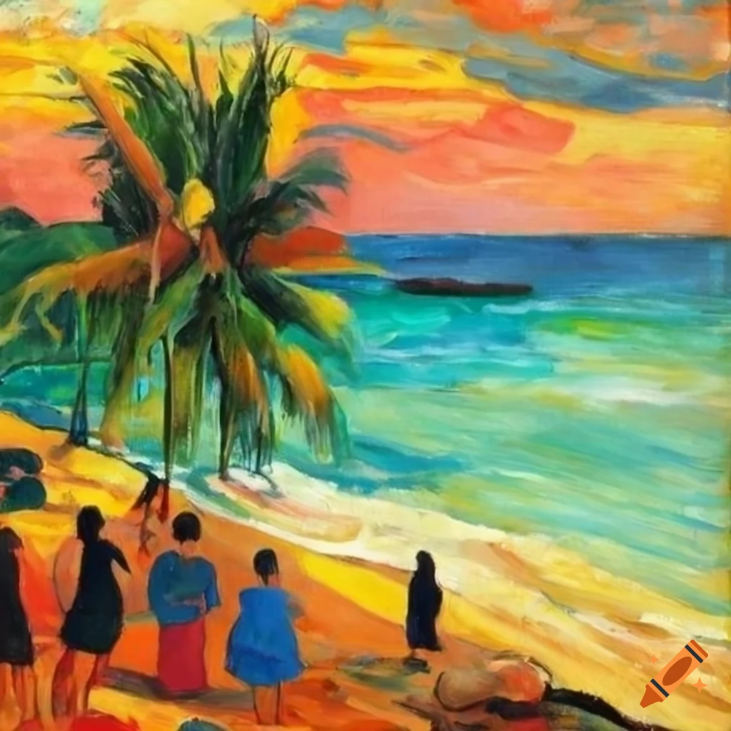 colourful tropical beach in Paul Gauguin style