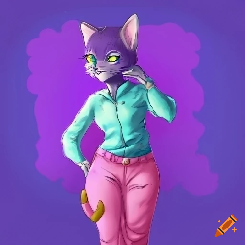 purple anthropomorphic cat in cyan shirt and pink pants