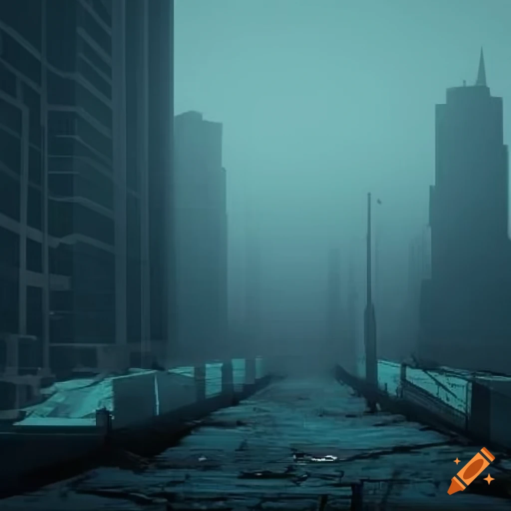 Decaying post-apocalyptic earth with polluted river and cityscape on ...