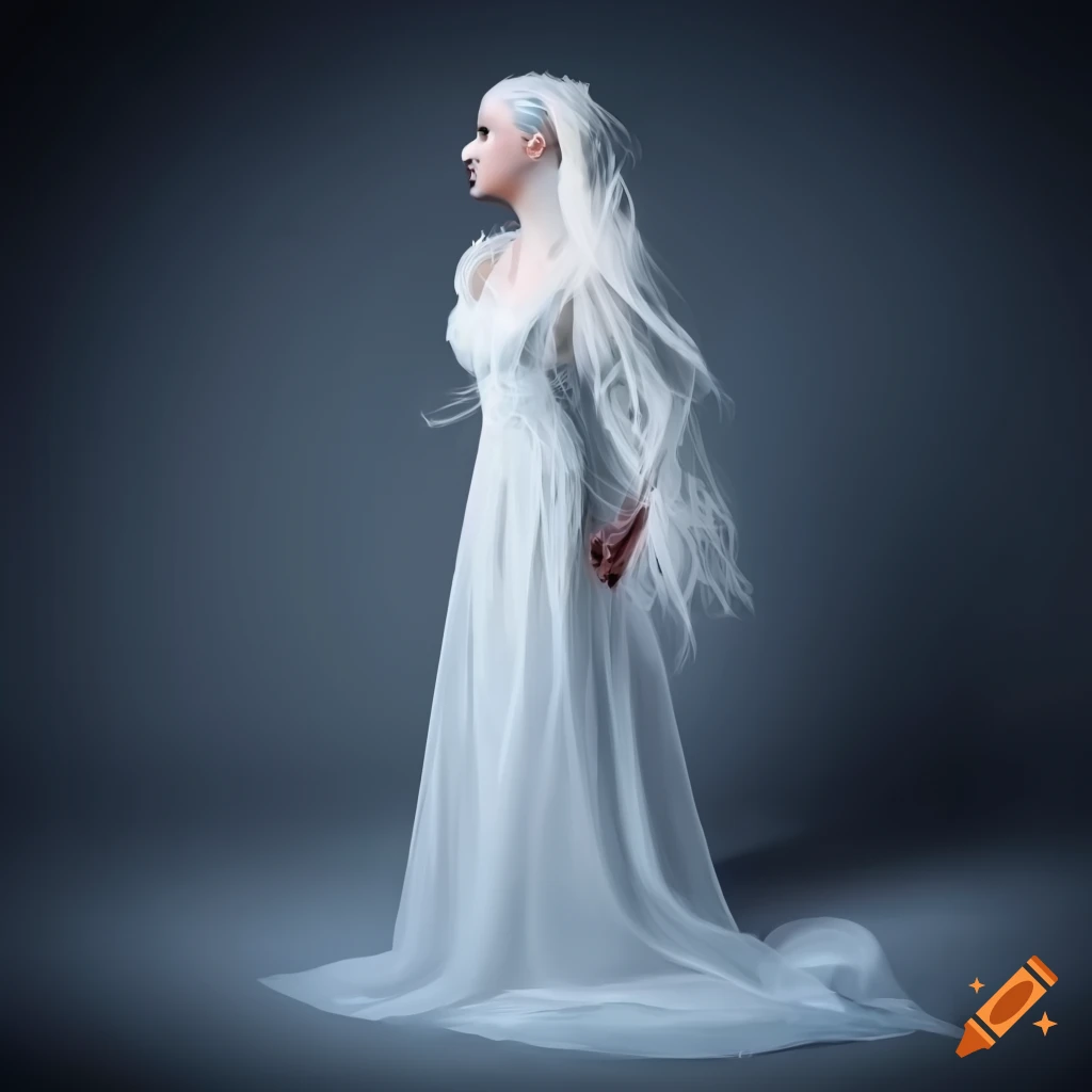 Moon elf woman in a white medieval gown on Craiyon