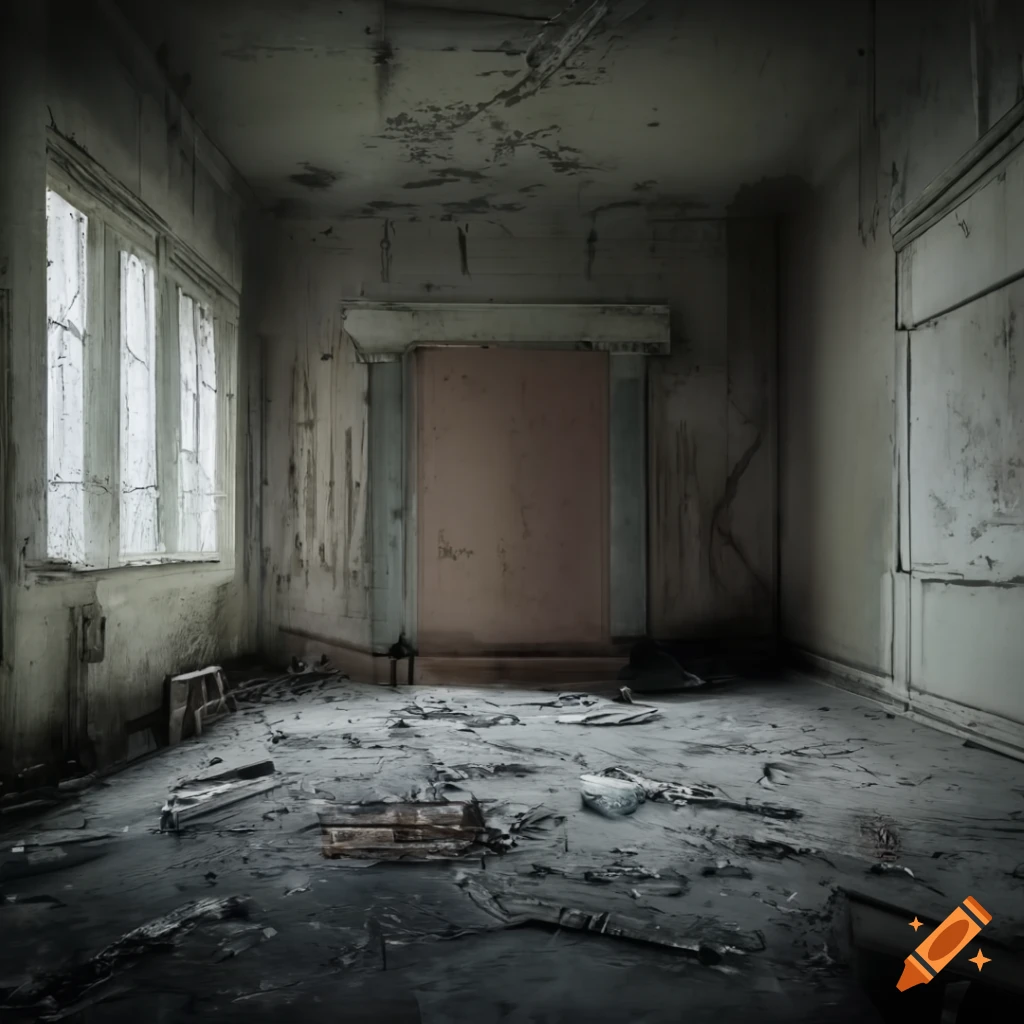 photorealistic image of an empty abandoned room