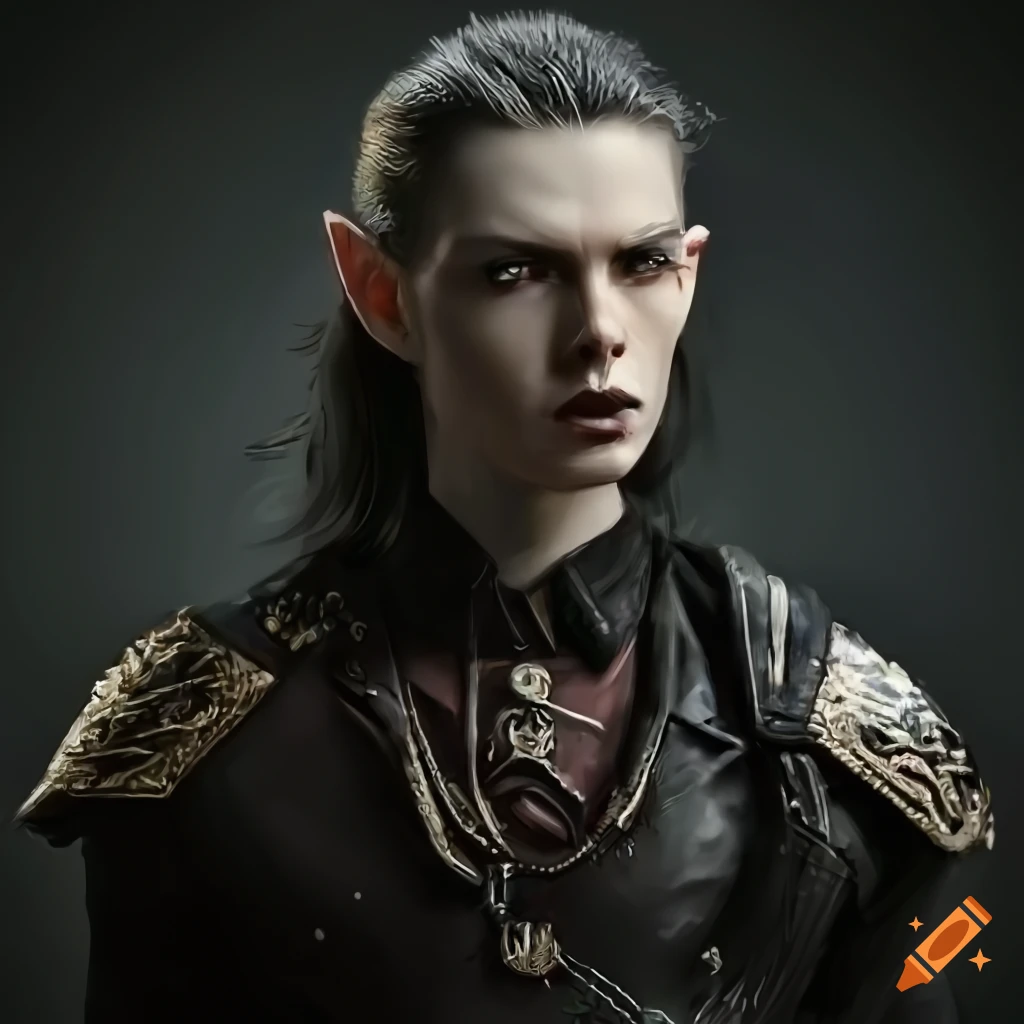 detailed depiction of a male elf rogue with black hair and emerald eyes wielding a dagger