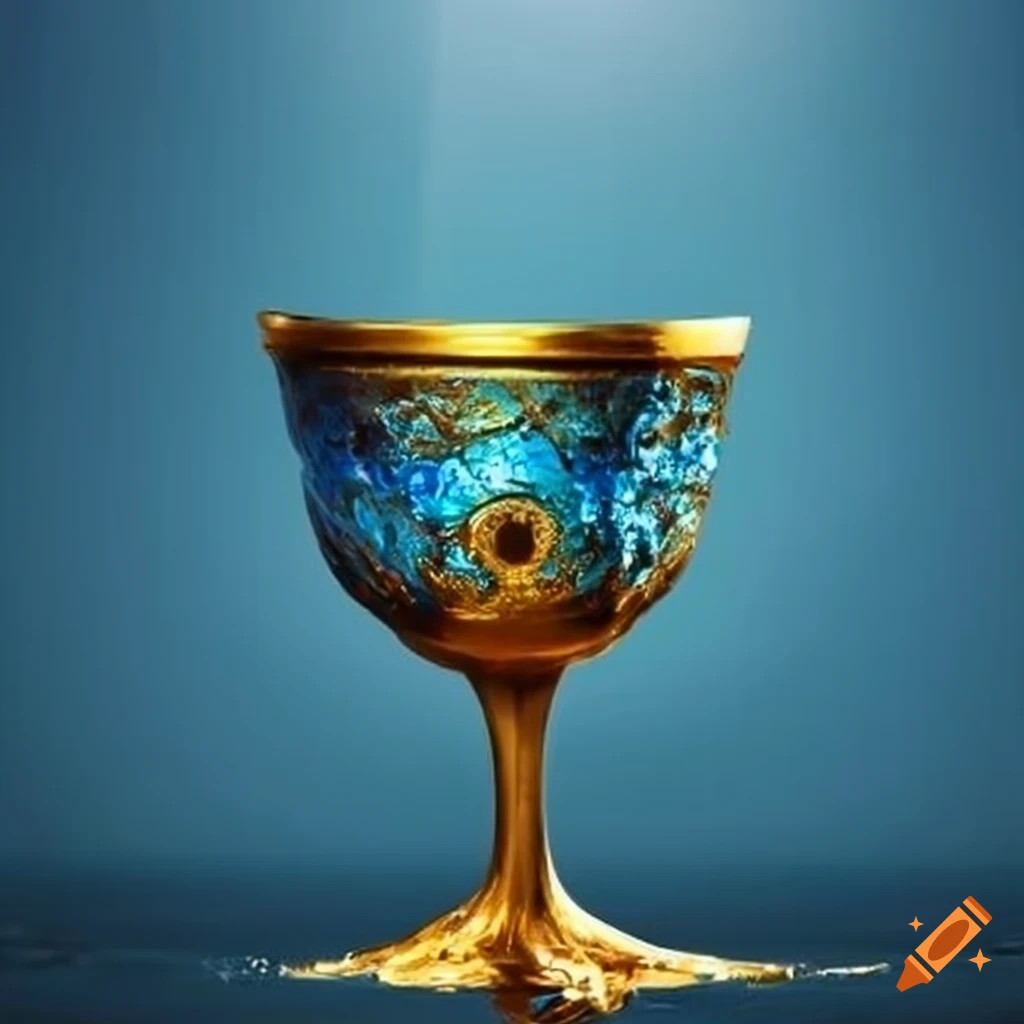 golden goblet emerging from blue water