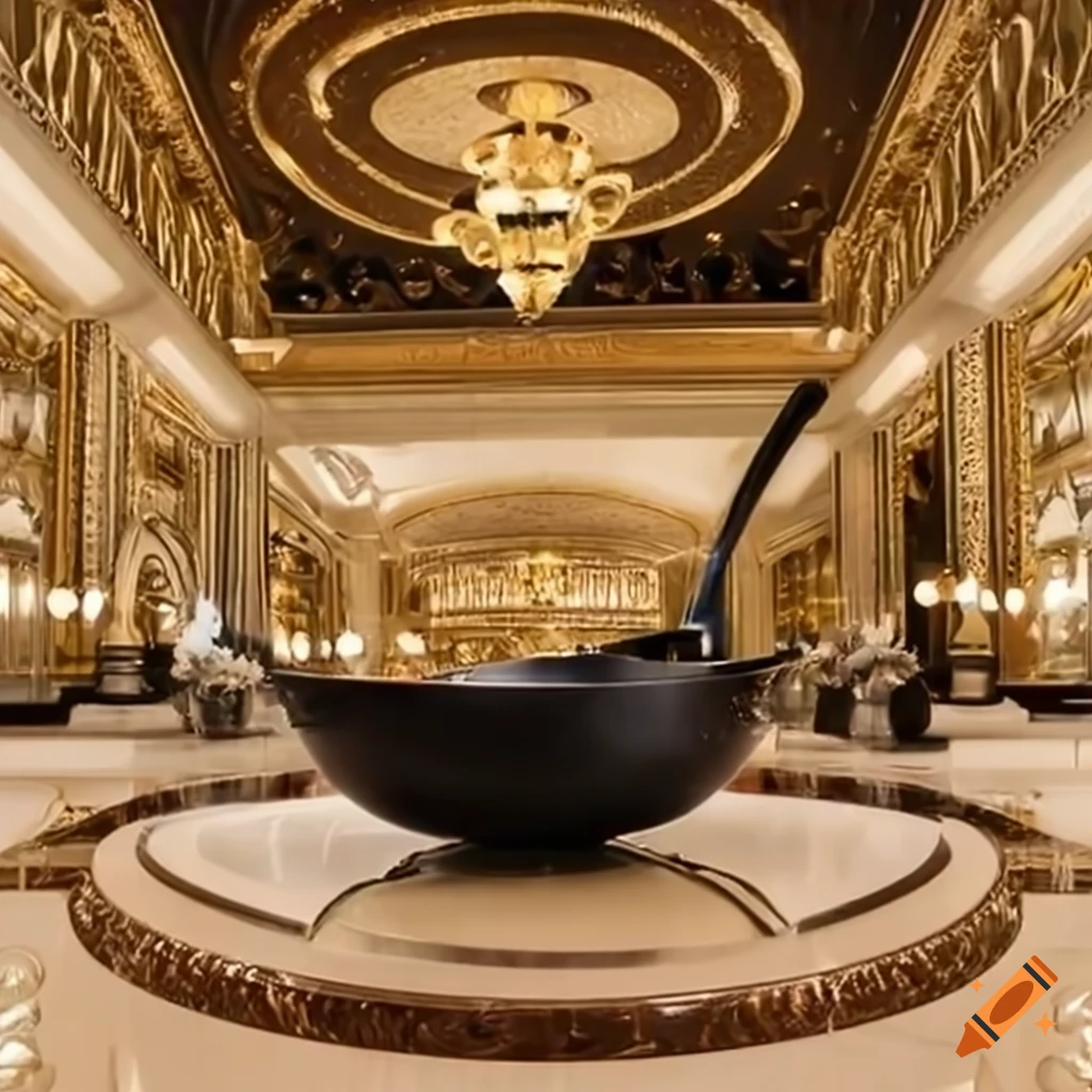 Luxurious frying pan display in hotel lobby on Craiyon