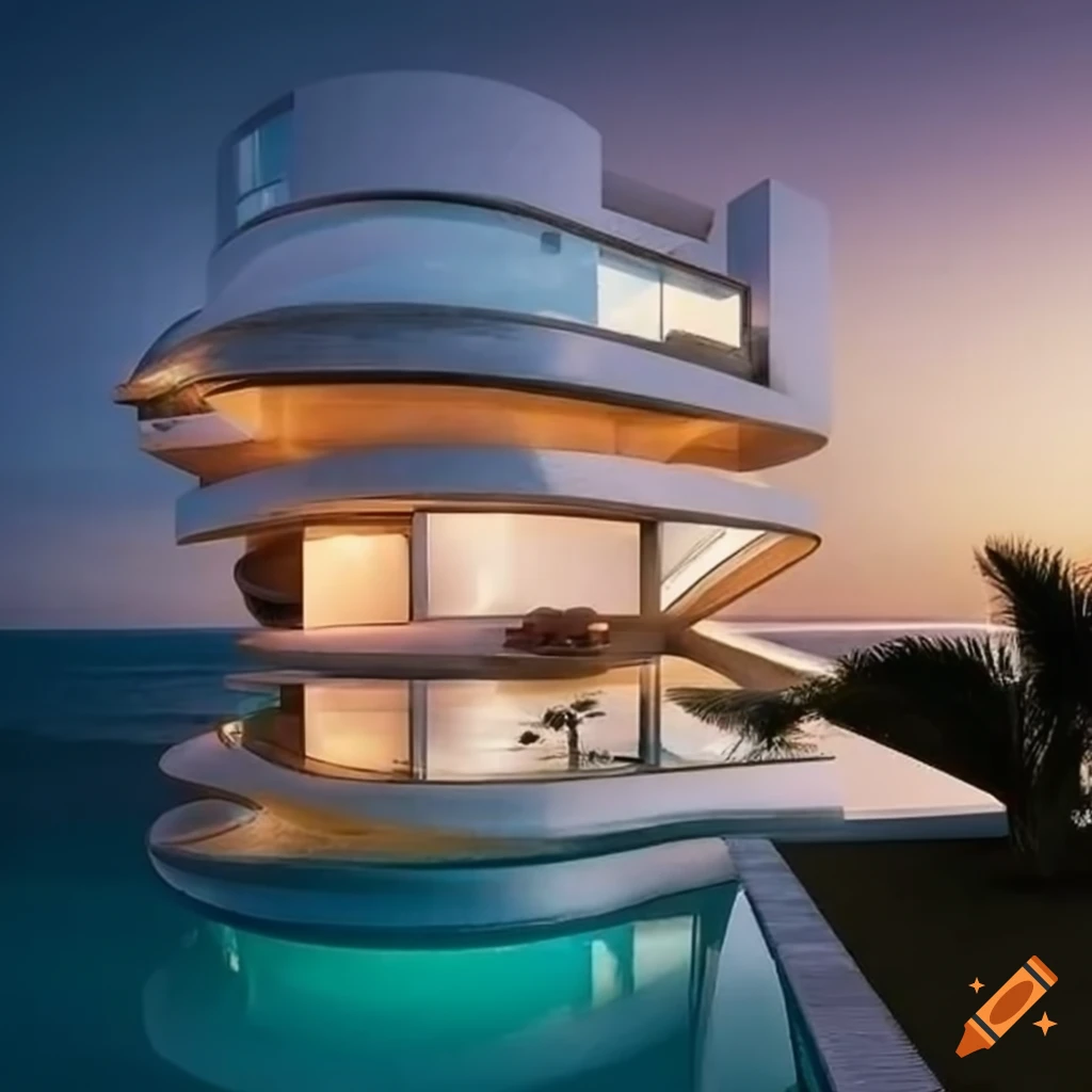 futuristic house in Cancun with pool and beach view