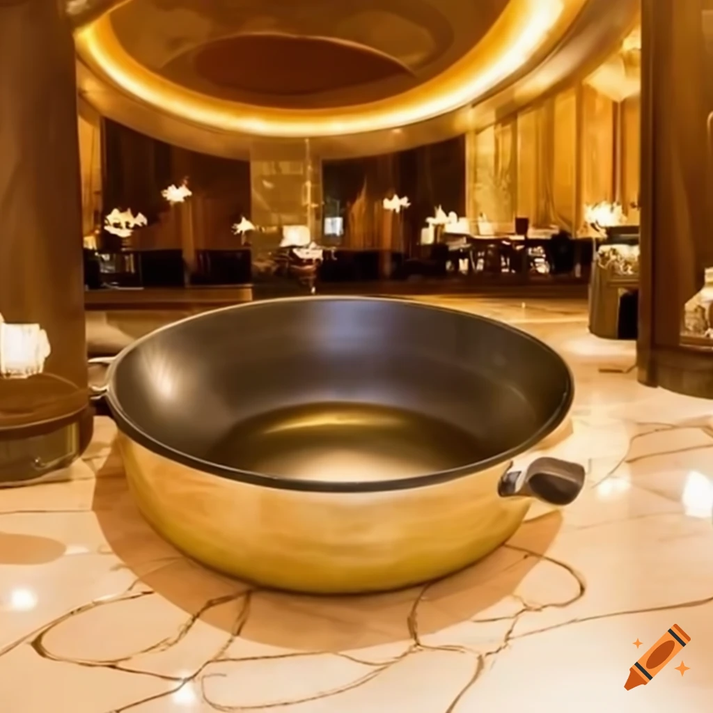 Luxurious frying pan display in hotel lobby on Craiyon