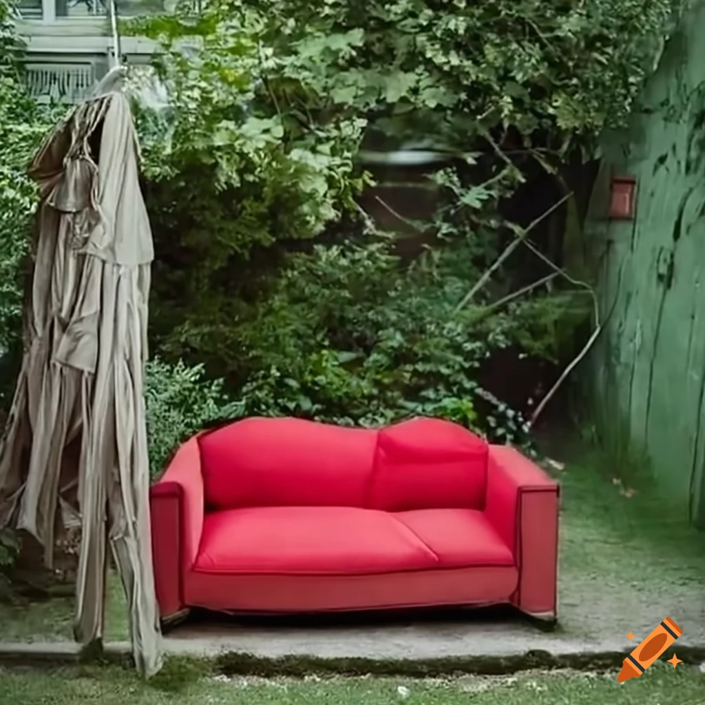 red sofa in a backyard
