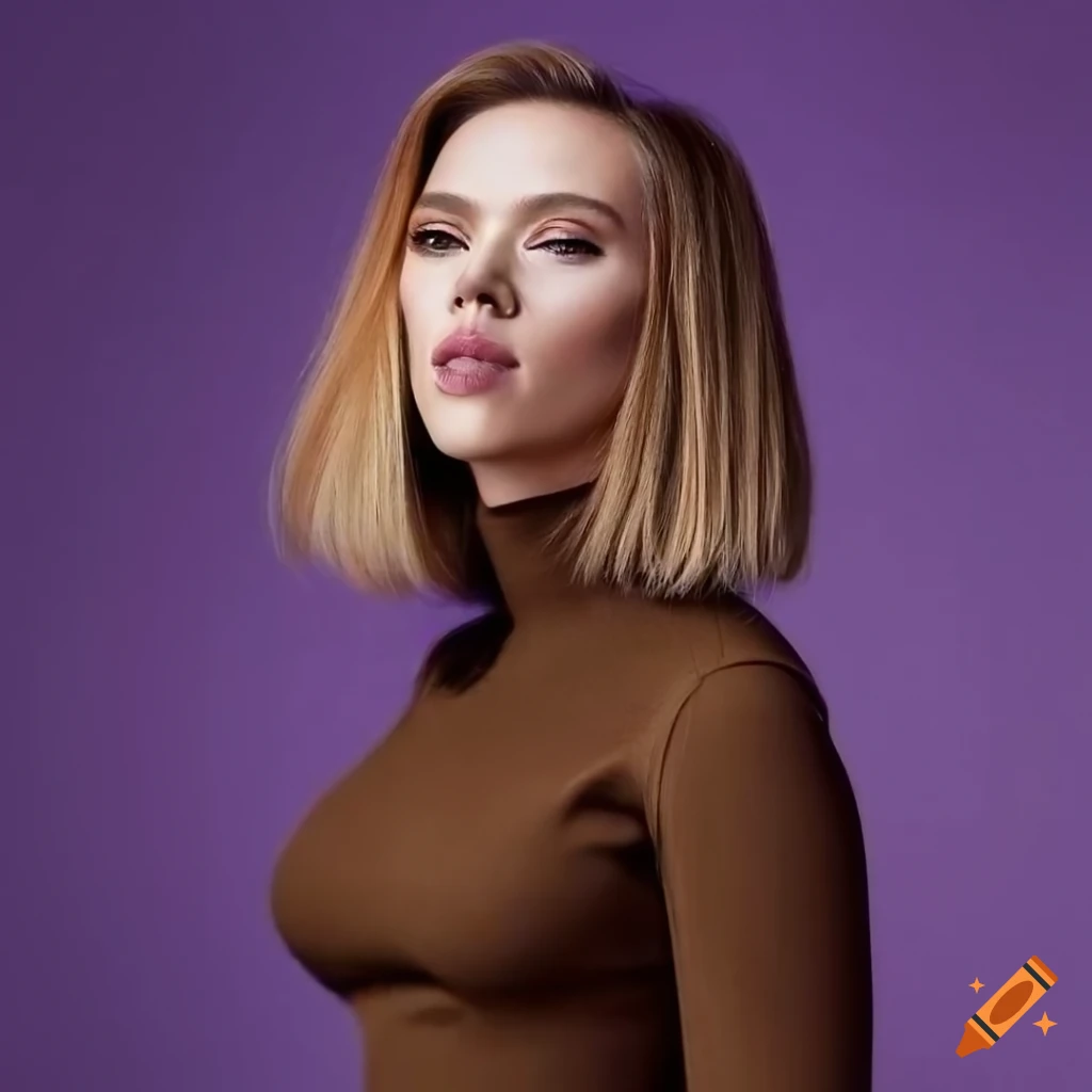 Scarlett Johansson with a bob haircut and brown turtleneck