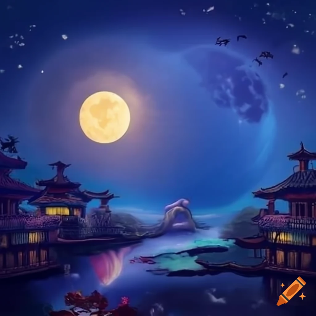 Bright full moon and colorful lanterns on craiyon