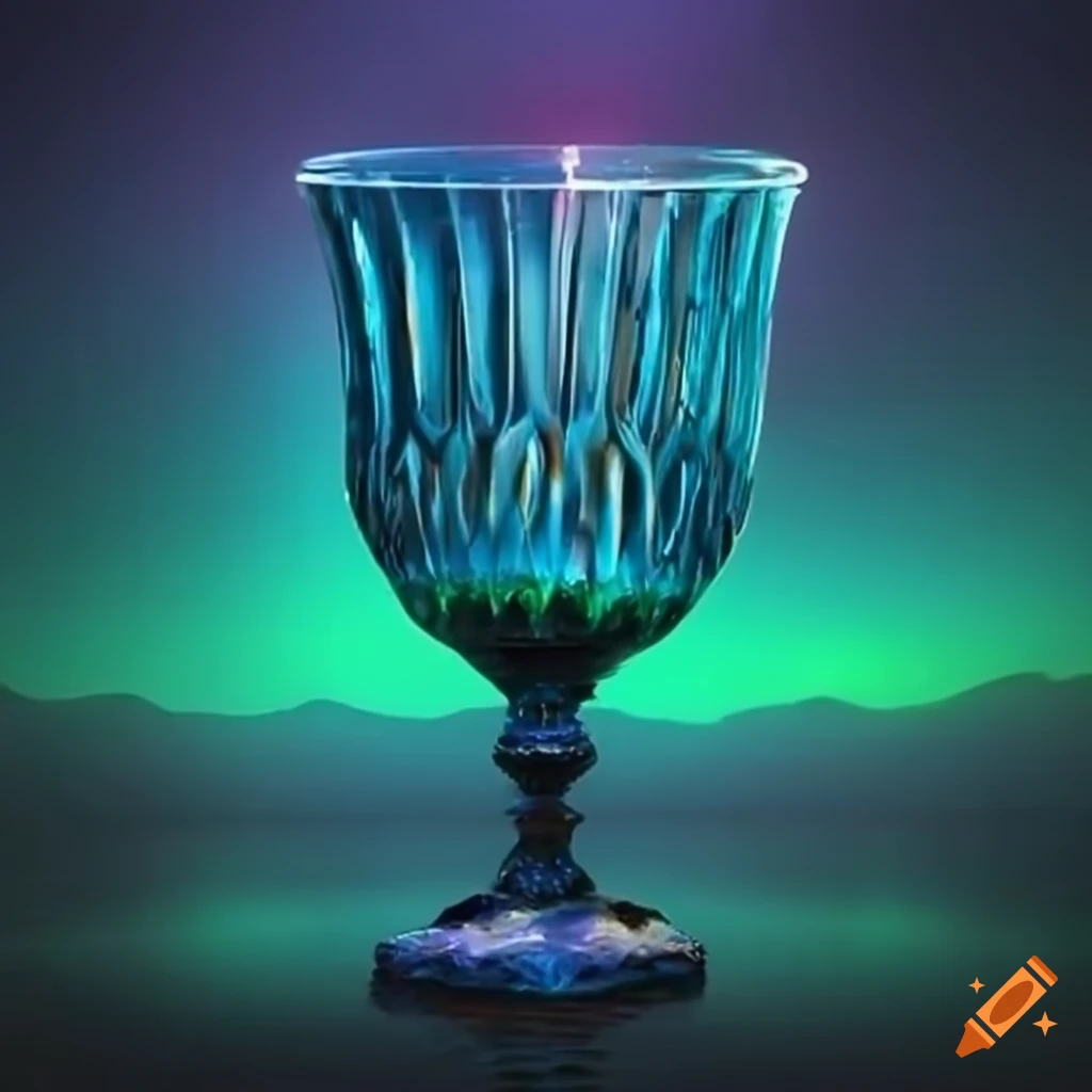 Artistic depiction of a dancing emerald goblet in a nighttime lake on