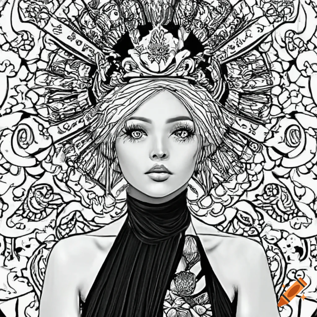 Coloring Page Of A Queen Girl In A Black Dress In A Garden On Craiyon