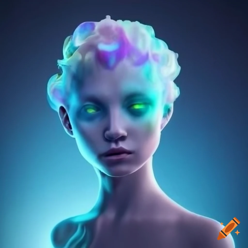 Ethereal sculpture of a genderless humanoid with opalescent cloud skin ...