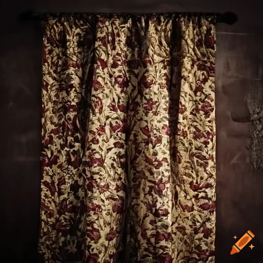 Dark room with shabby floral curtains on Craiyon