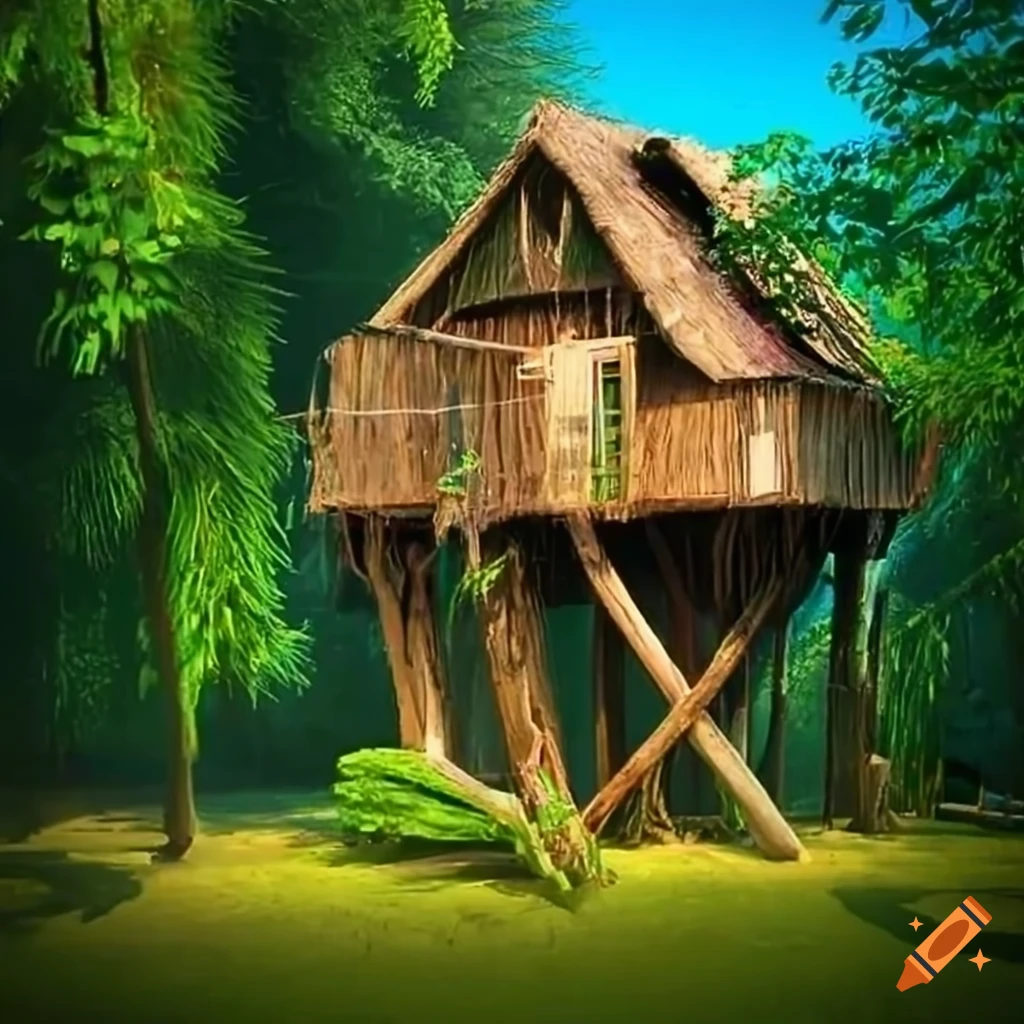 artistic illustration of treehouses with climbing plants