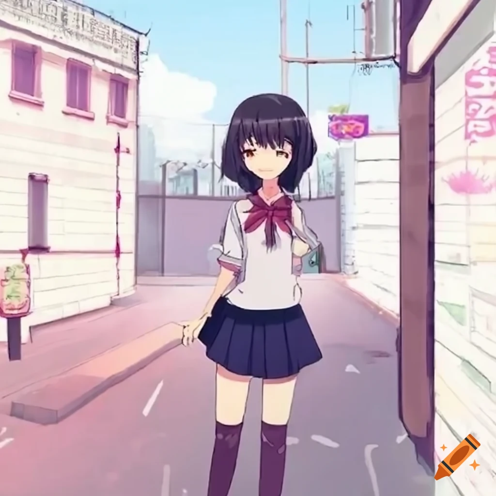 anime girl walking on a street in September