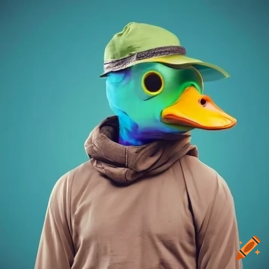 man wearing a cyan duck mask and urban clothes