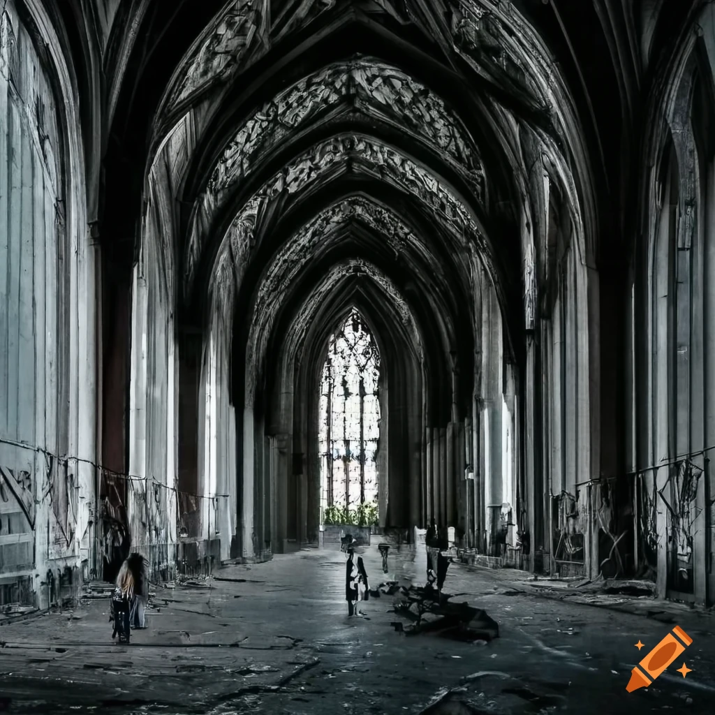Black and white picture of the interior of an abandoned huge church on ...