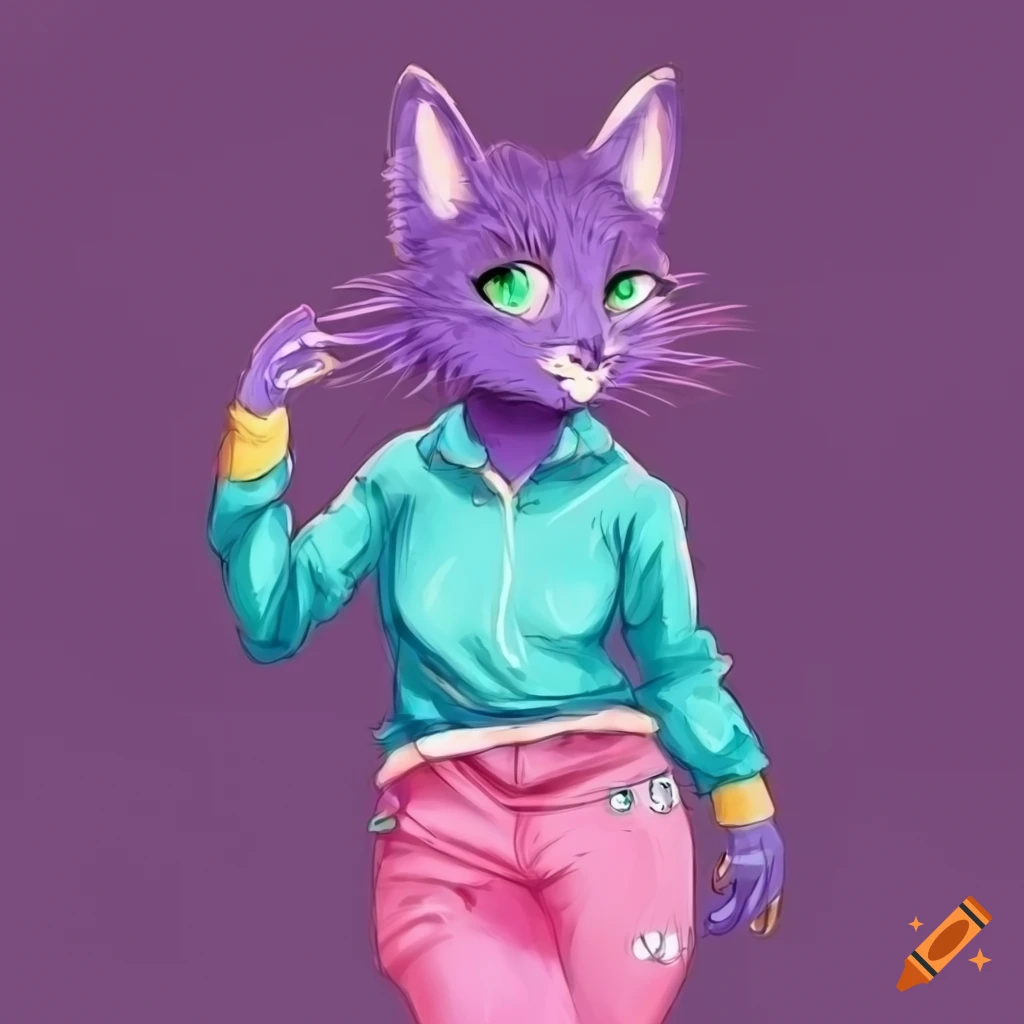 Illustration Of A Purple Anthropomorphic Cat With Cyan Shirt And Pink illustration-of-a-purple-anthropomorphic-cat-with-cyan-shirt-and-pink