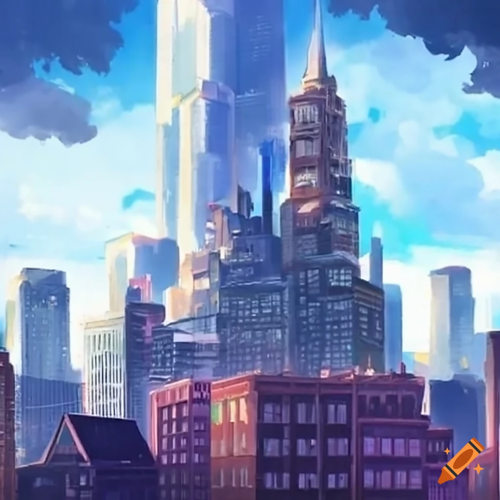City skyline with towering buildings on Craiyon