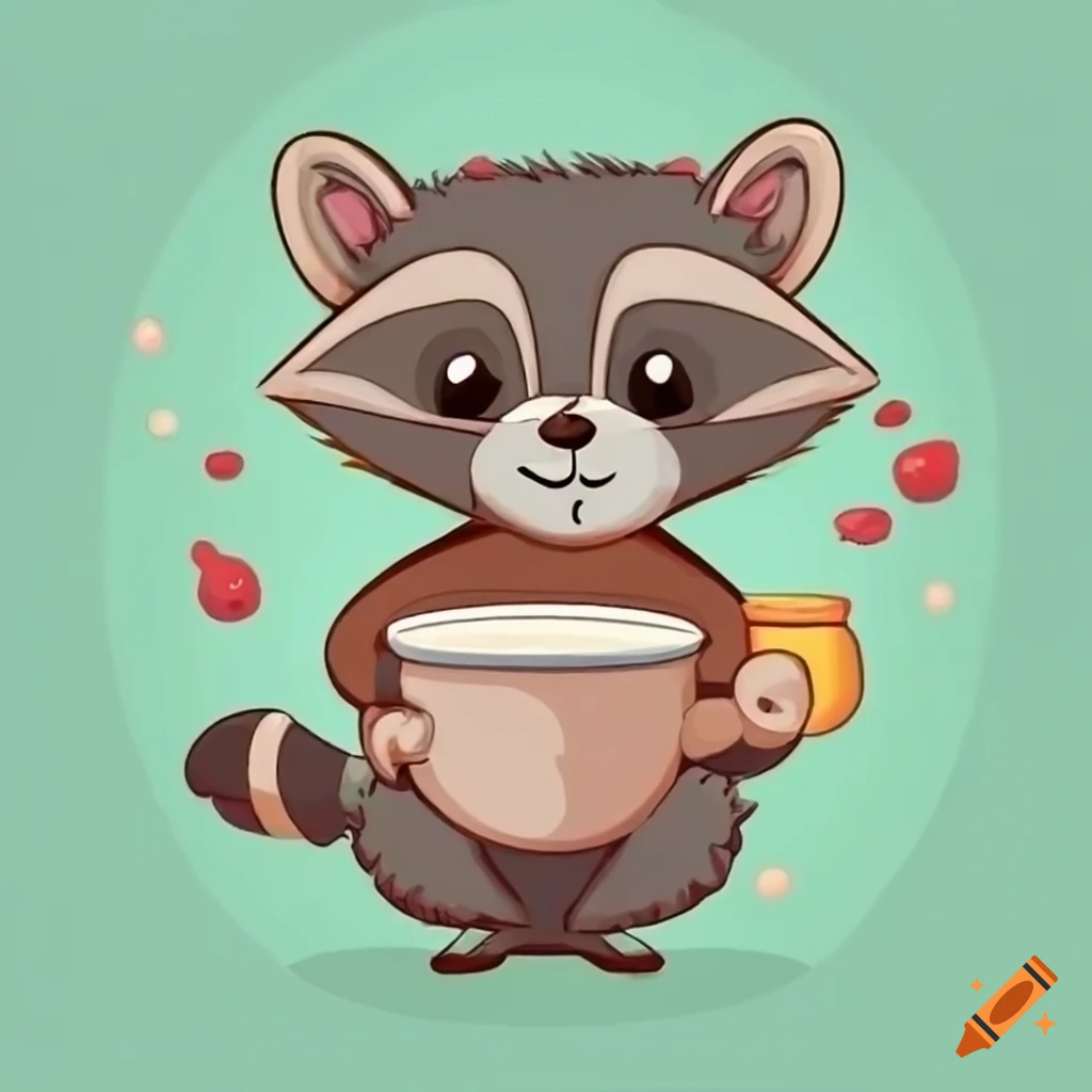 doodles of a cute raccoon enjoying coffee
