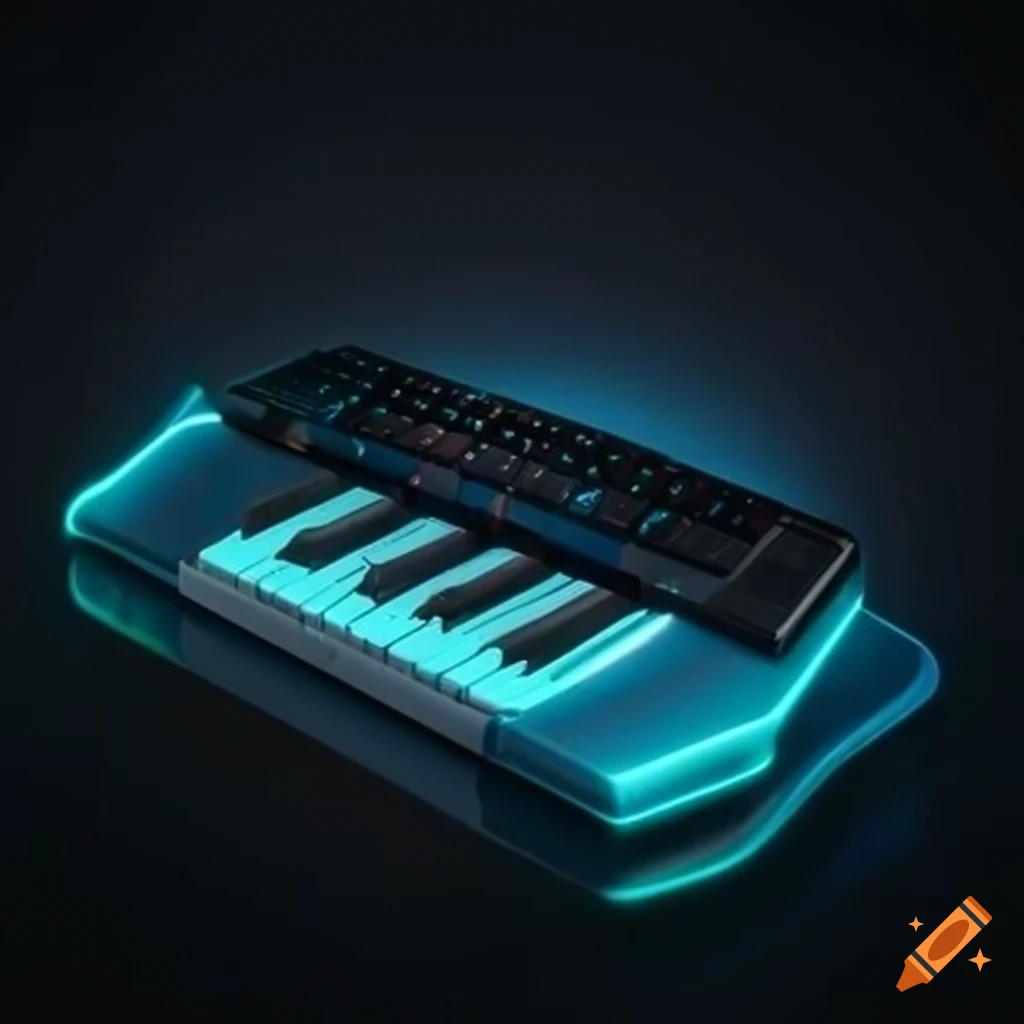 Futuristic electronic keyboard with flashing lights and dials on Craiyon