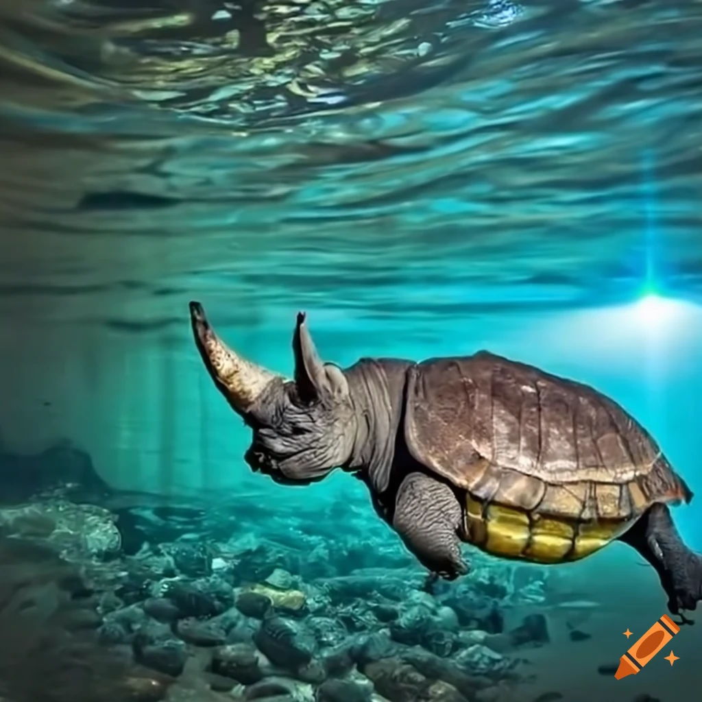 underwater fantasy creature: rhino-turtle hybrid