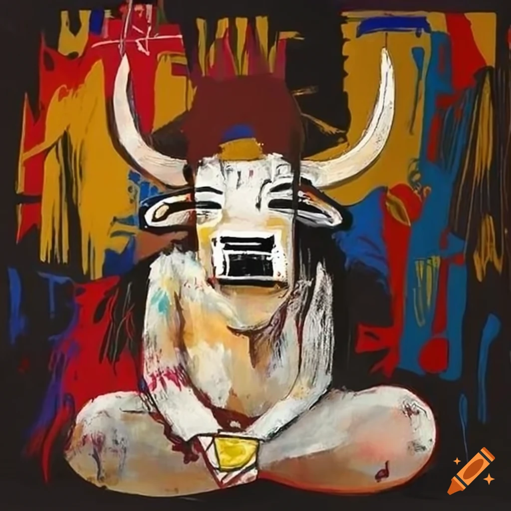 painting of a meditating cow by Basquiat
