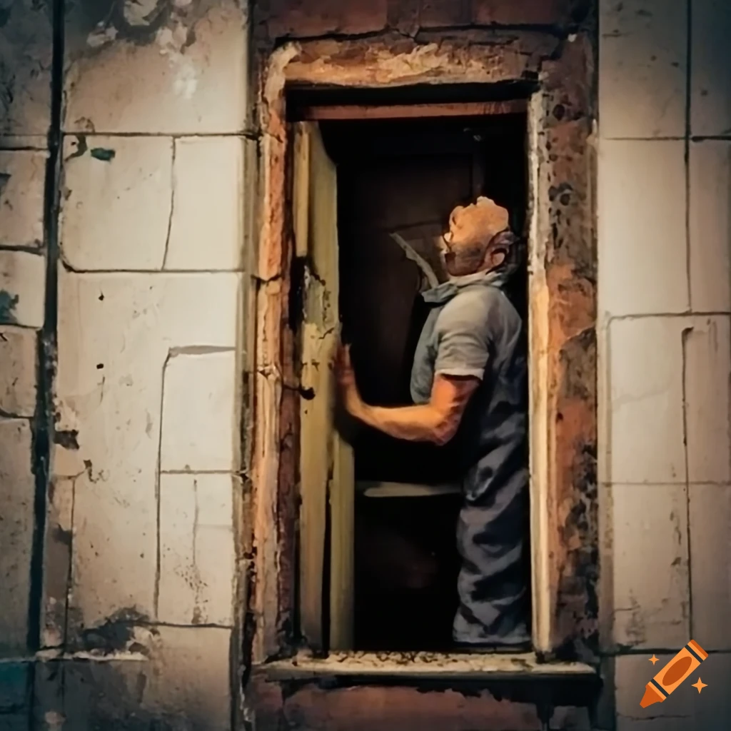 janitor looking out of a basement bathroom window
