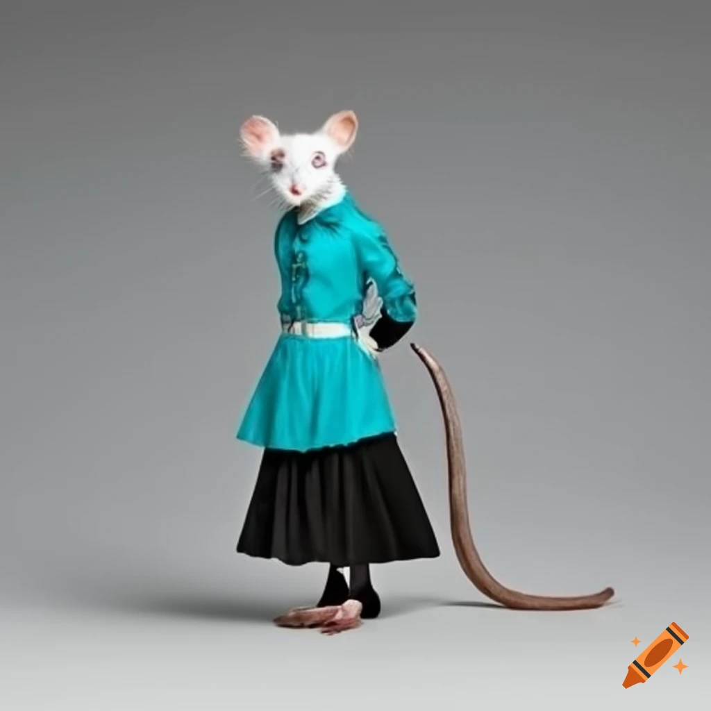 illustration of an anthropomorphic white rat in a turquoise shirt and black skirt