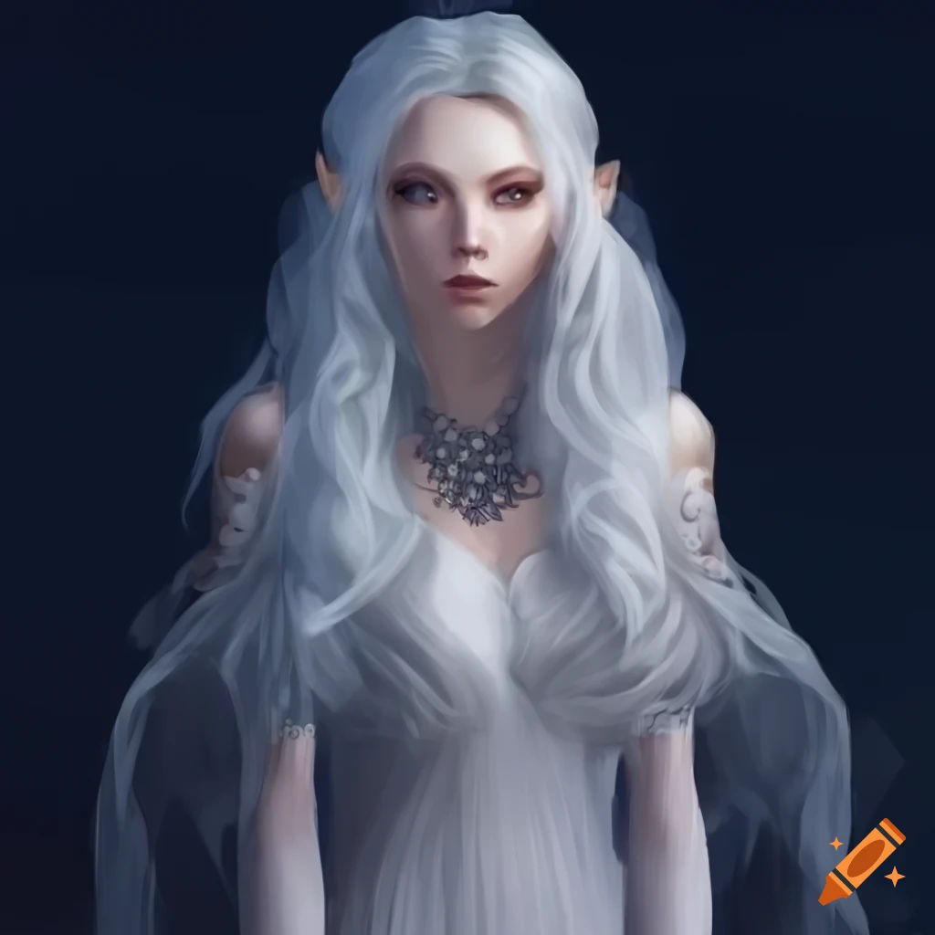 artwork of a beautiful moon elf woman in a white medieval gown