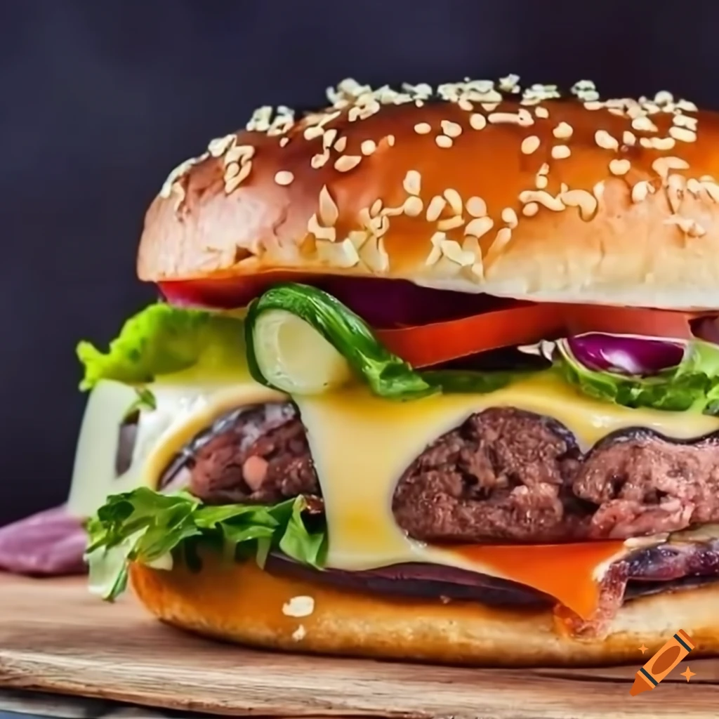 Delicious burger with bacon and cheese on grill on Craiyon