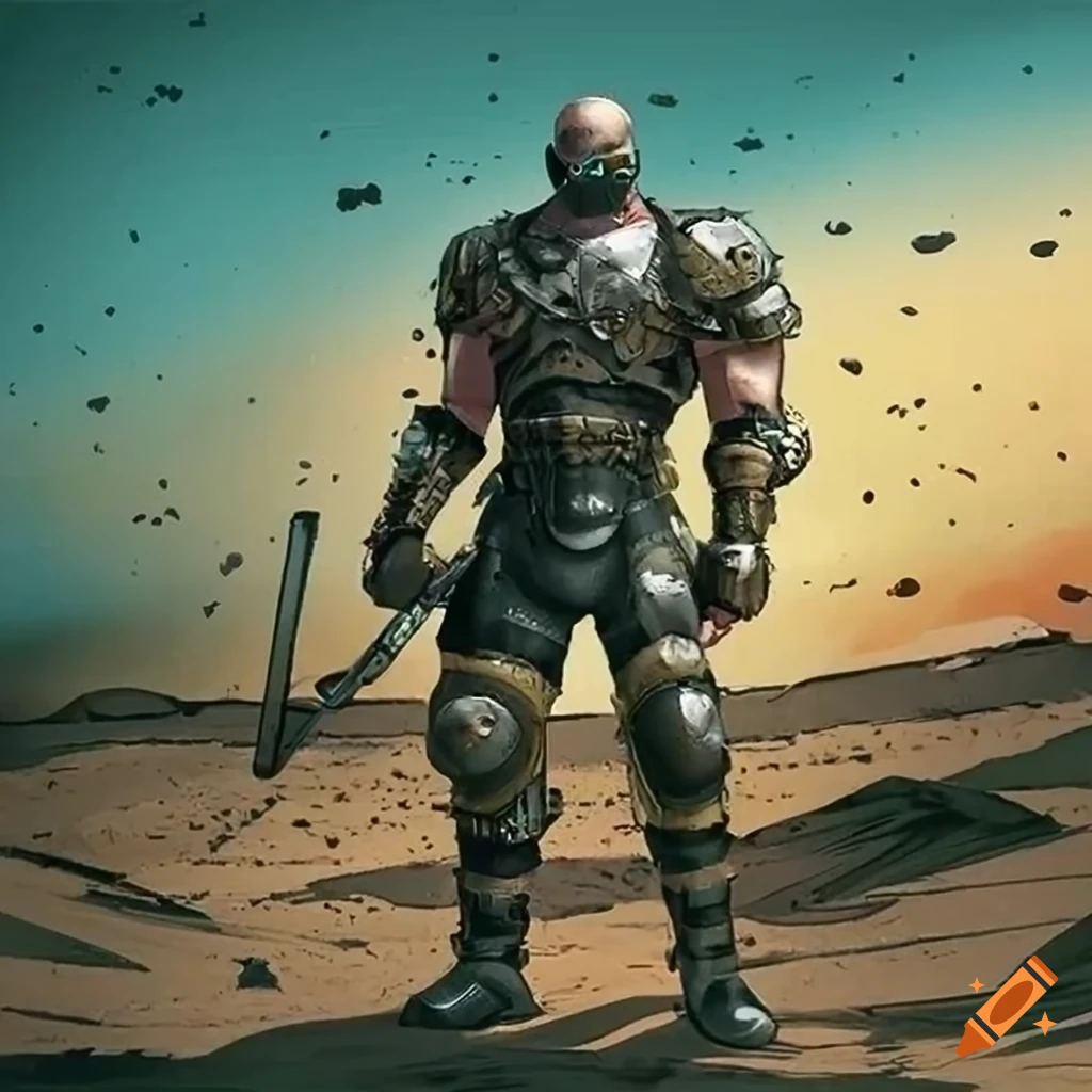 cosplayer in full armor in a post-apocalyptic setting