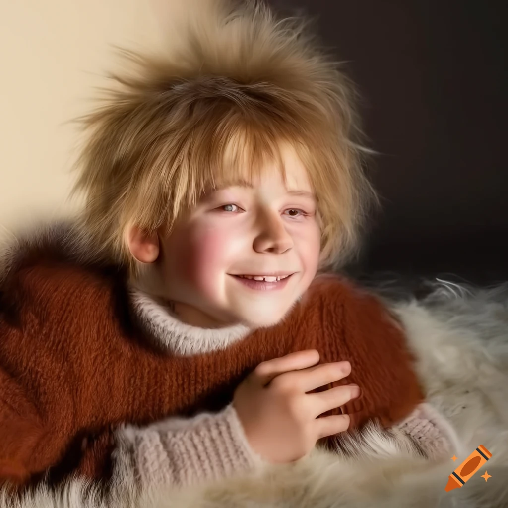 blond boy lying on fur rug wearing mohair turtleneck sweater