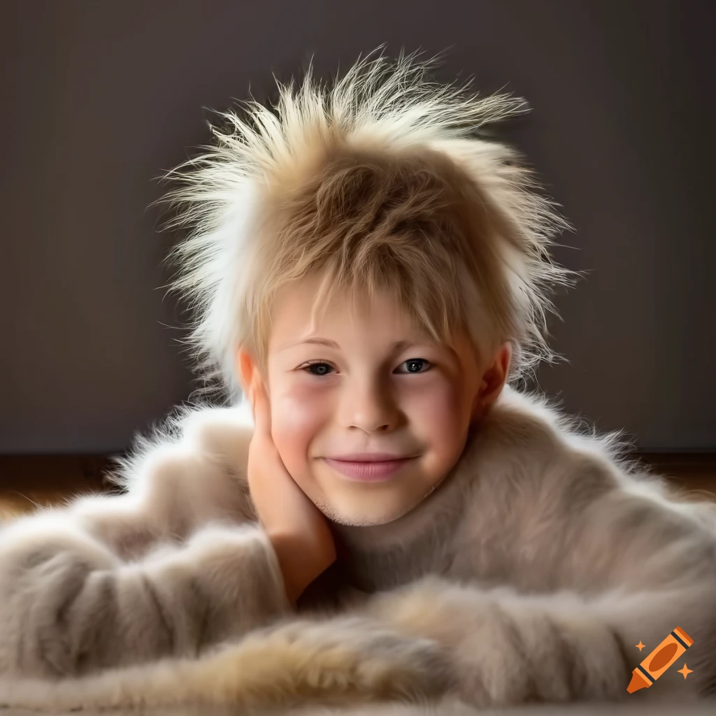 blond boy lying on fur rug wearing fuzzy mohair sweater