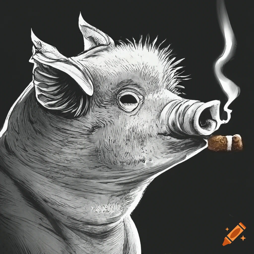 satirical black and white pig smoking a cigar