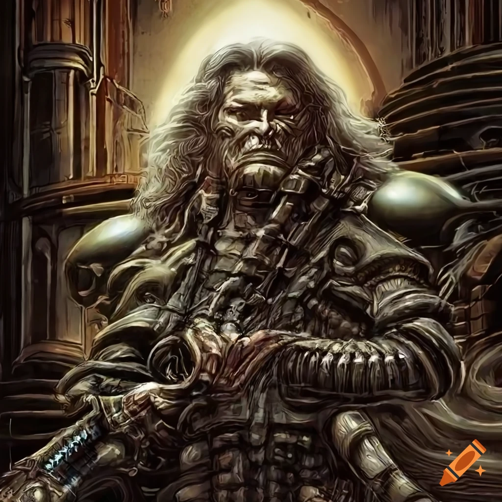 detailed sci-fi illustration of Kurt Russell in an alien biomechanical environment
