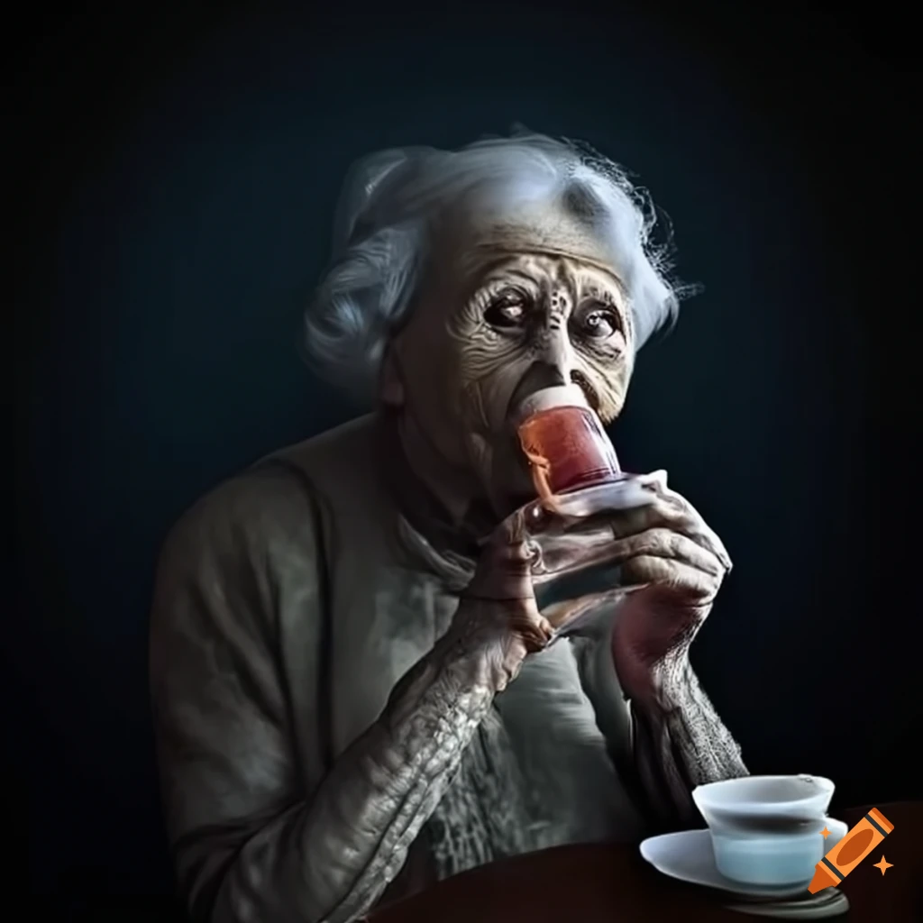image of an elderly woman drinking tea on Craiyon