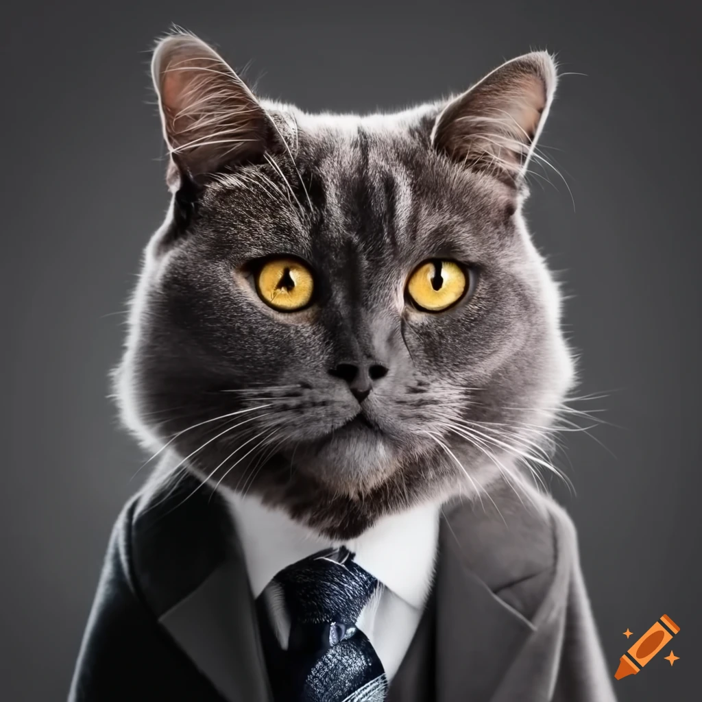 fluffy gray cat wearing a suit and tie