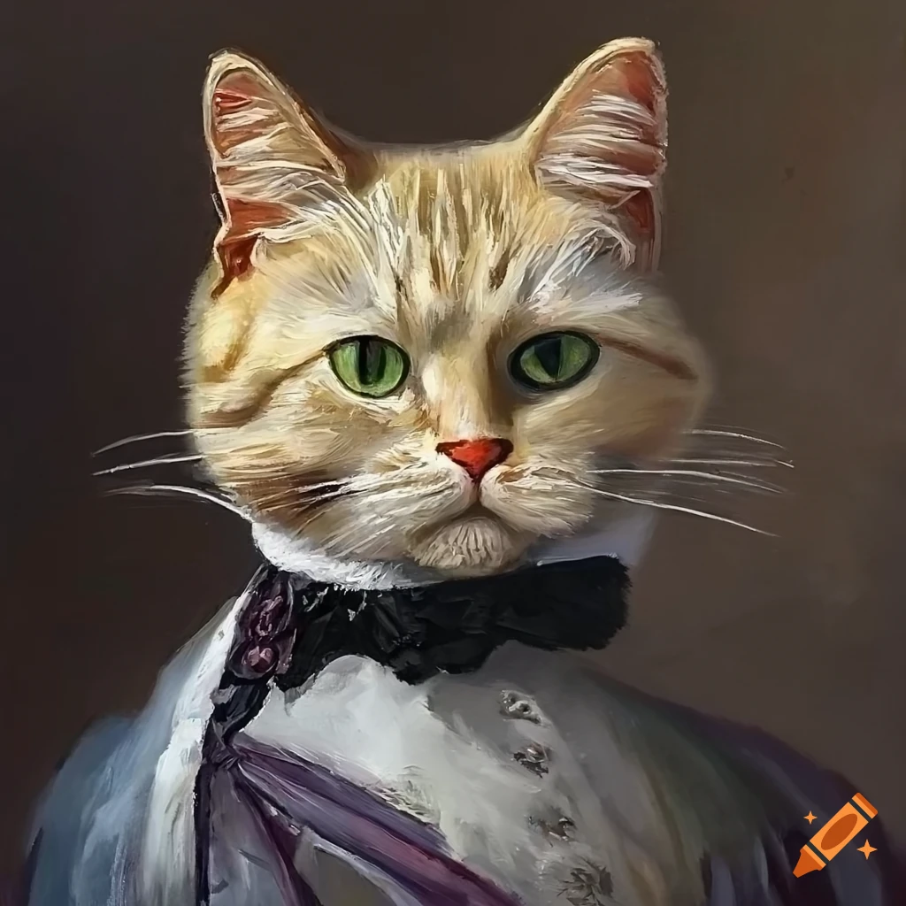 Oil painting of a cat in victorian attire