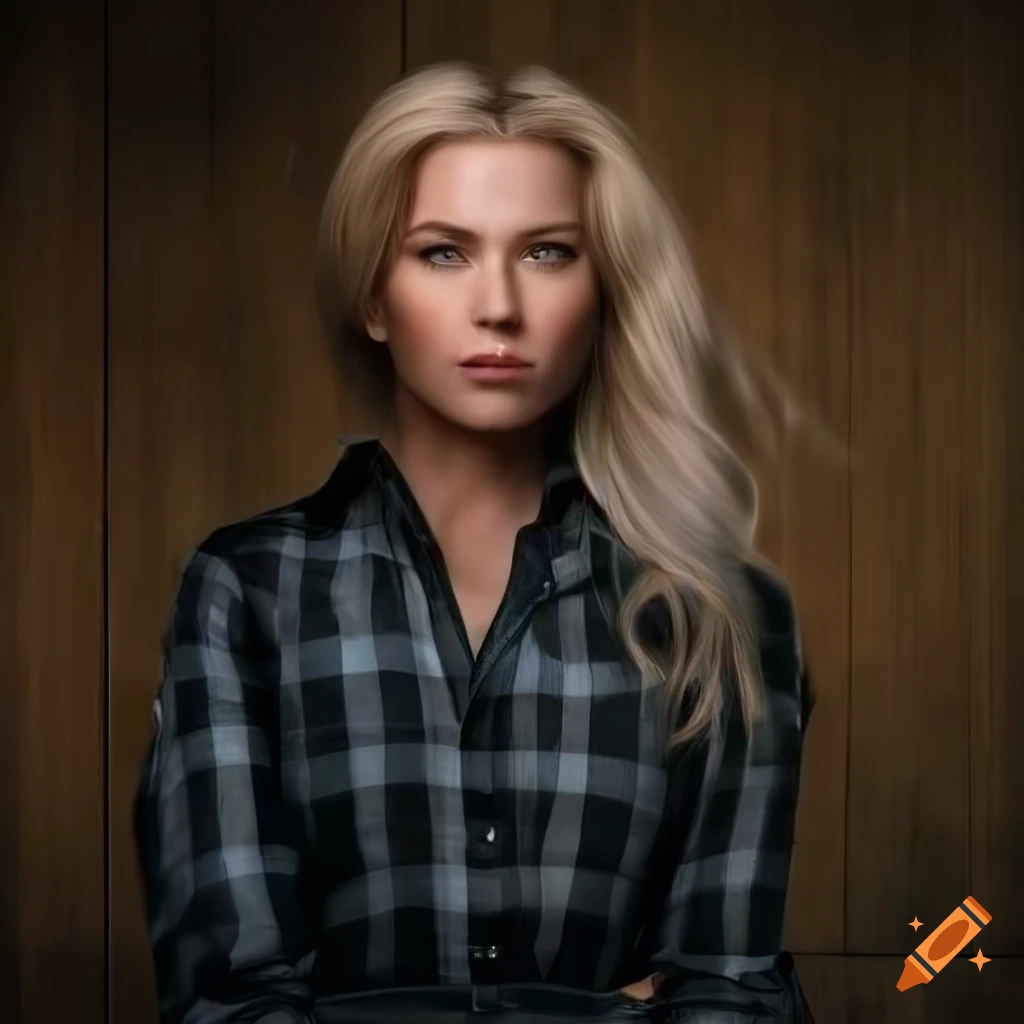 Hyperrealistic portrait of a blonde woman in plaid shirt and black ...