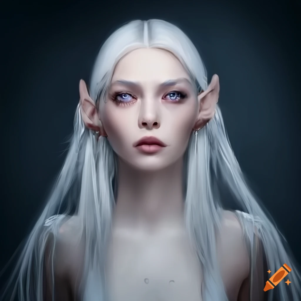 Moon elf woman in a white medieval gown