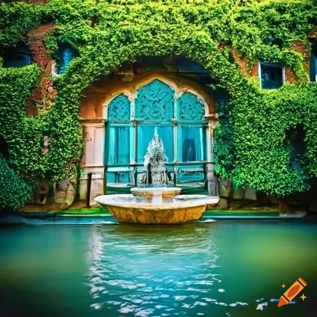 Venice garden with lush trees and fountain