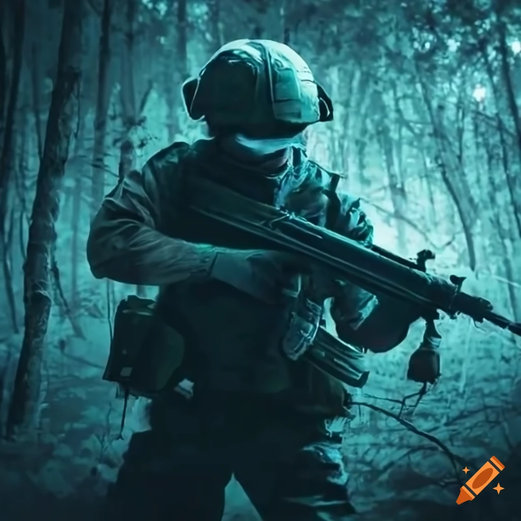 soldier fighting during the night in a forest