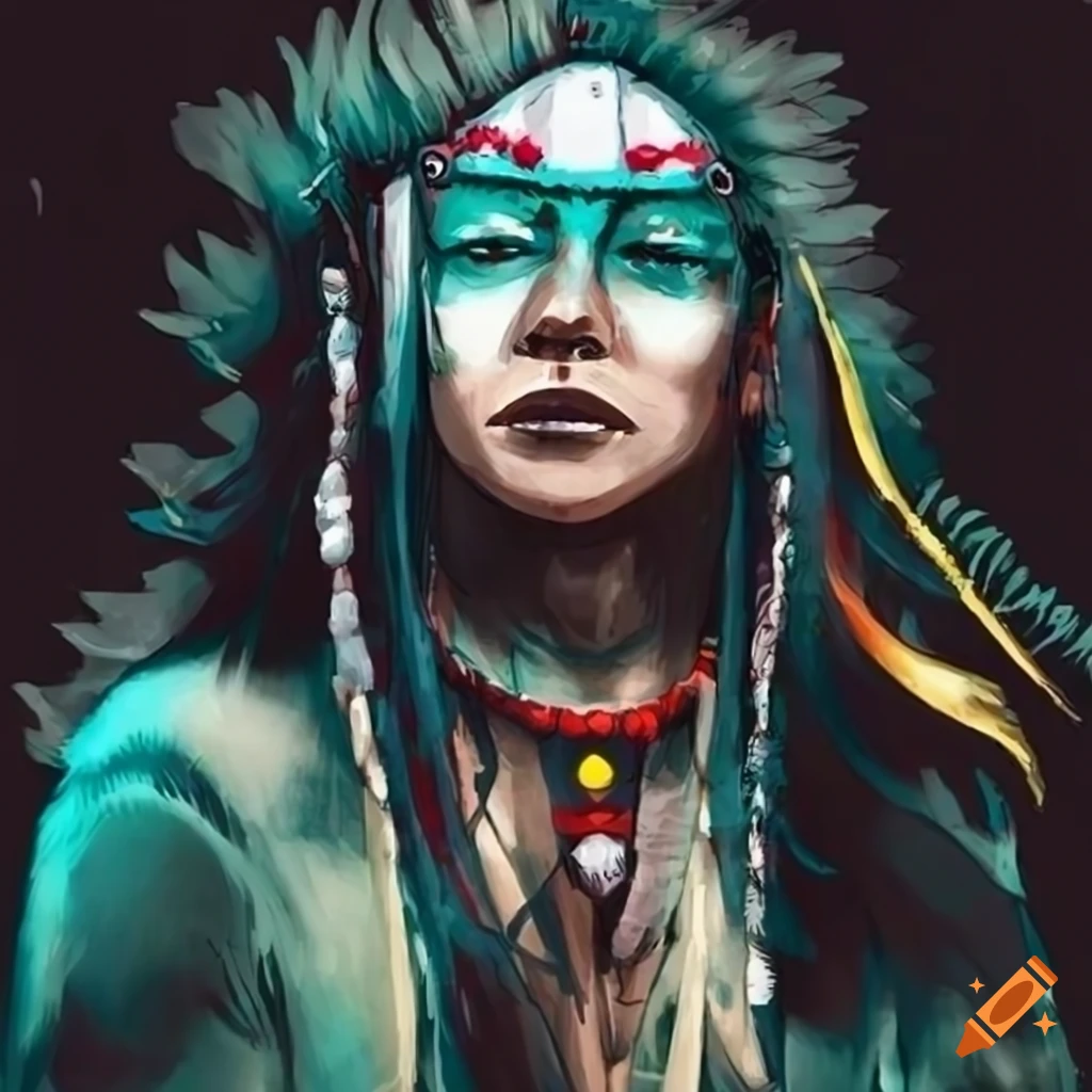 manga style illustration of a Native American Shaman