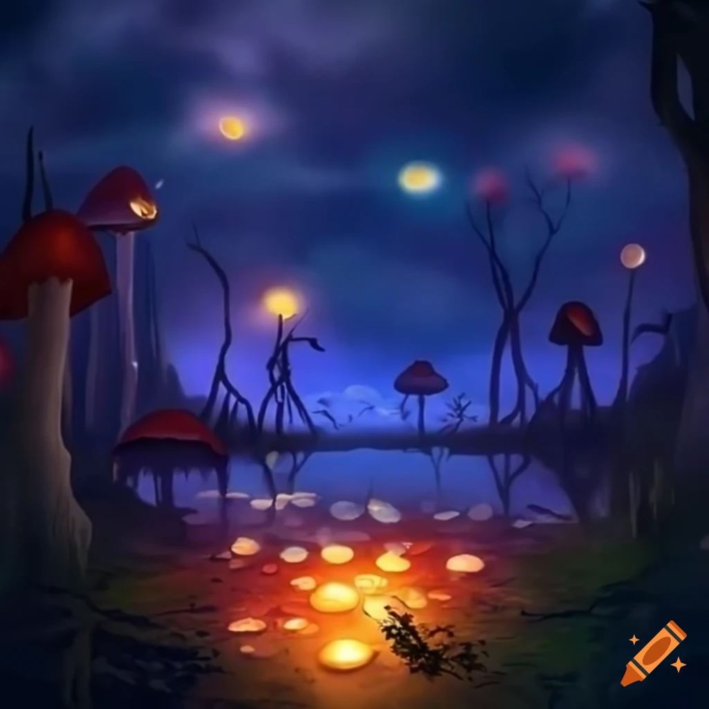 fireflies-illuminating-a-lake-surrounded-by-glowing-mushrooms-in-a