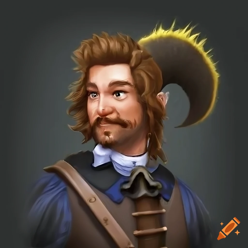 image of a smiling musketeer with a feathered hat