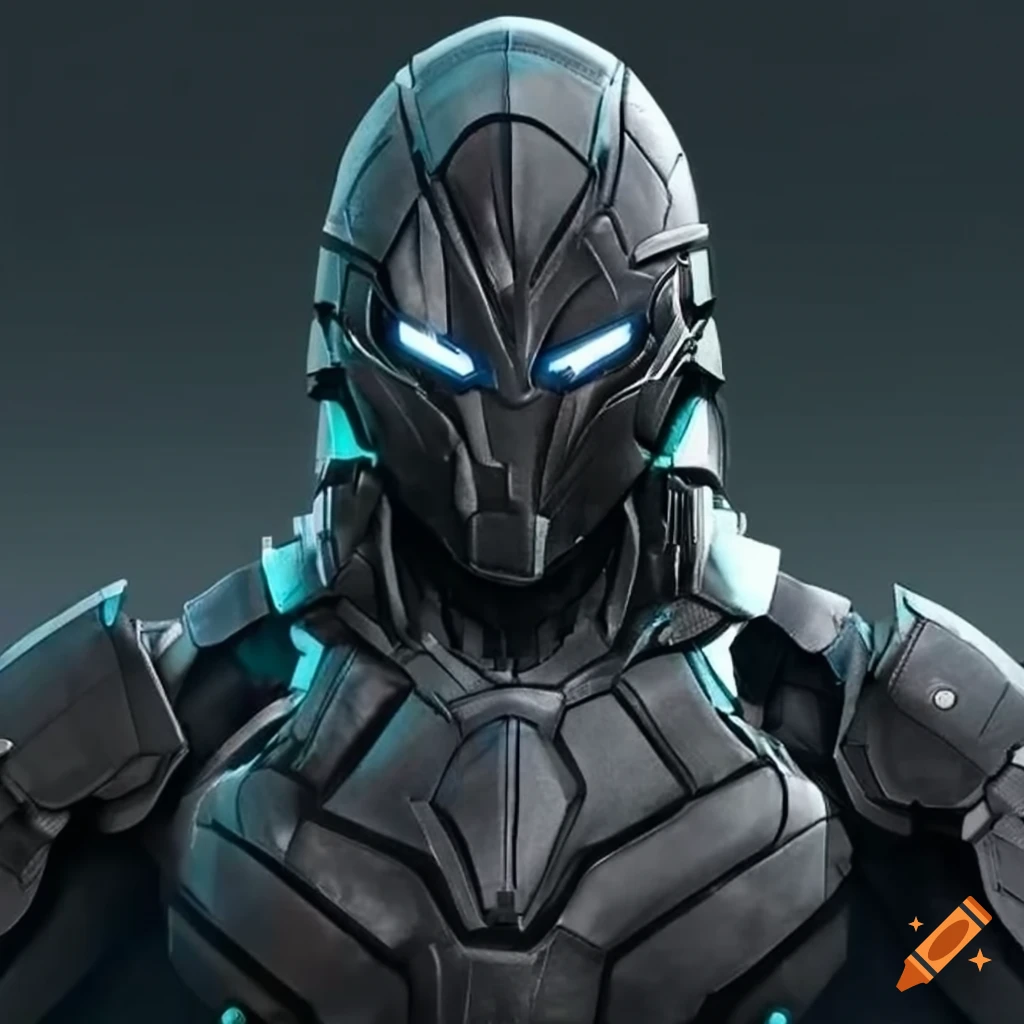 image of a superhero in full-length carbon mask and armor
