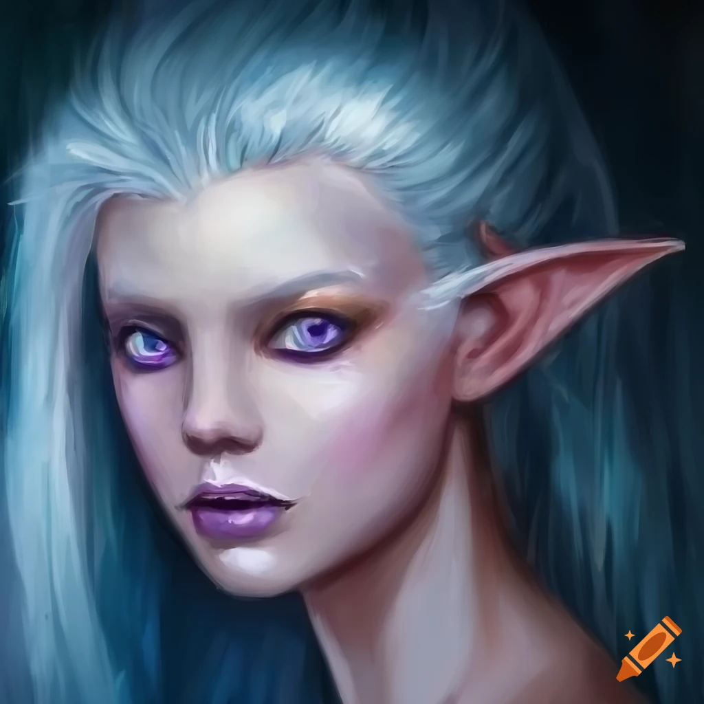 Oil painting of an elf with white hair and purple eyes on Craiyon