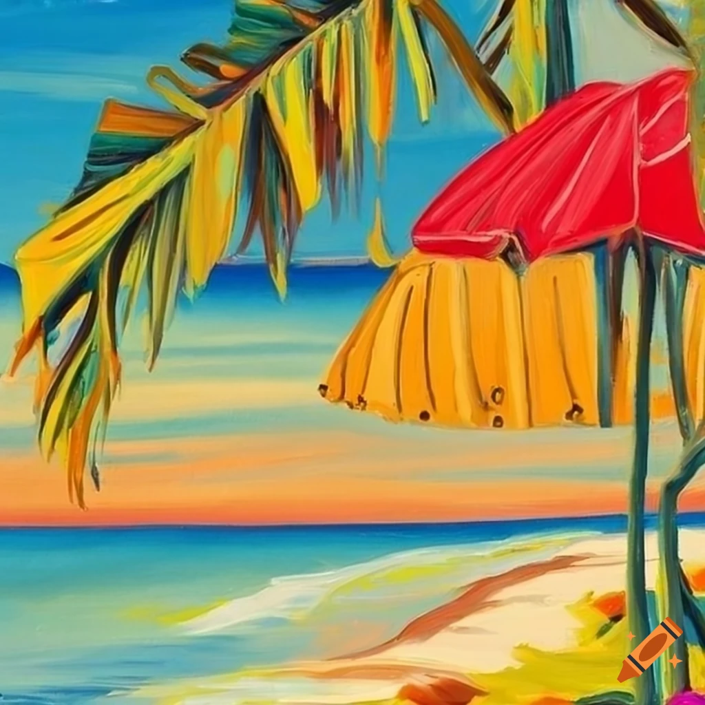 colorful oil painting of a tropical beach in pop art style