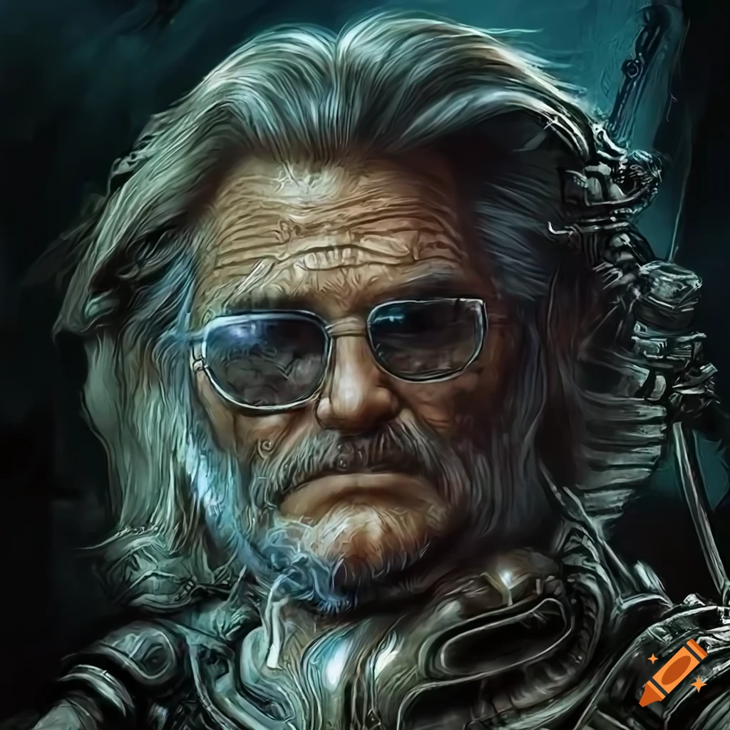 Sci-fi illustration of kurt russell in alien biomechanical environment ...